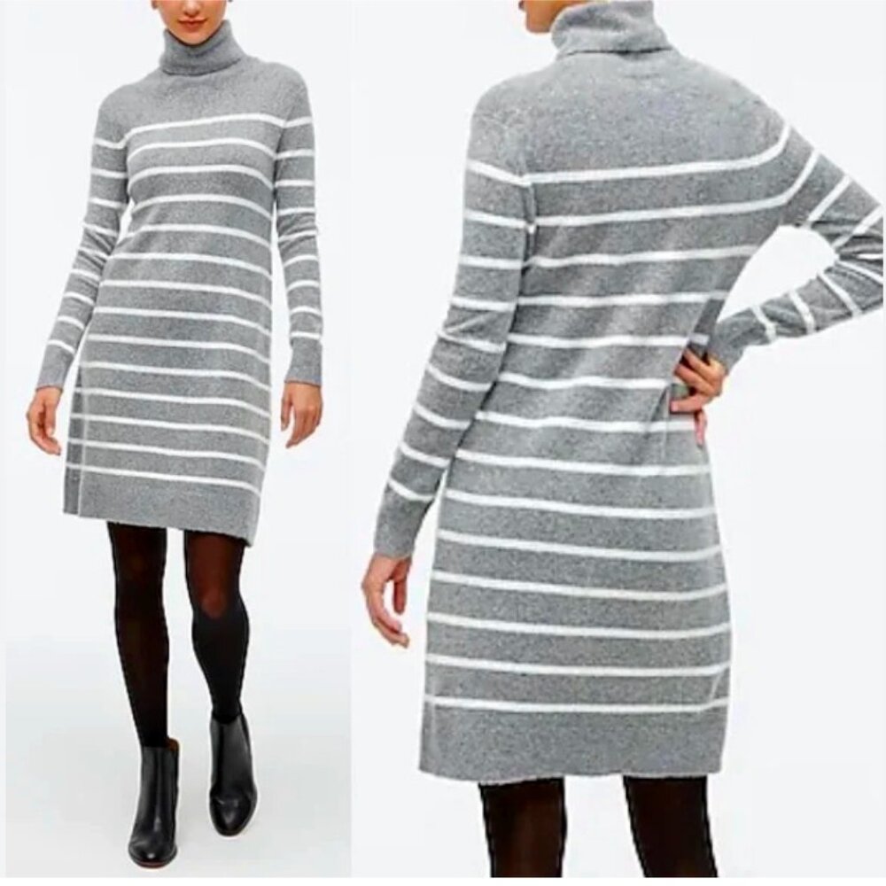 NWT J Crew Factory Relaxed Striped Turtleneck Sweater Dress; Grey & White, M